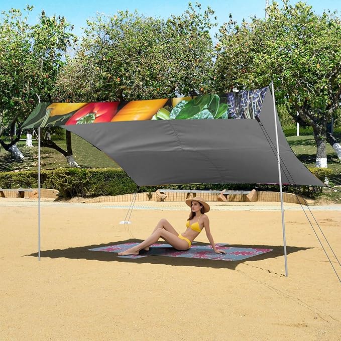 Fruits and Vegetables Beach Tent Sun Shelter 9.2' x 10.5' Beach Canopy with 4 Sandbags 4 Stability Poles Sand Shovels - Tent Canopy for Beach Camping Fishing Picnics