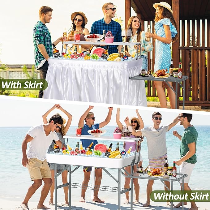Dragosum Outdoor Ice Cooler Table with Metal Side Desktop Folding Ice Table with Mesh Desktop Portable Bar Drink Cooler Desk‌ with Skirt for Camping Picnic BBQ Party (Grey)