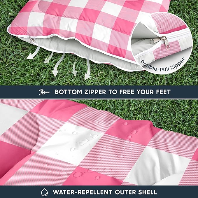 Wake In Cloud - Kids Sleeping Bag for Boys Girls Toddlers Camping in Warm Cold Weather Backpacking Lightweight Compact Outdoor Liner for 3 Seasons Gingham Plaid
