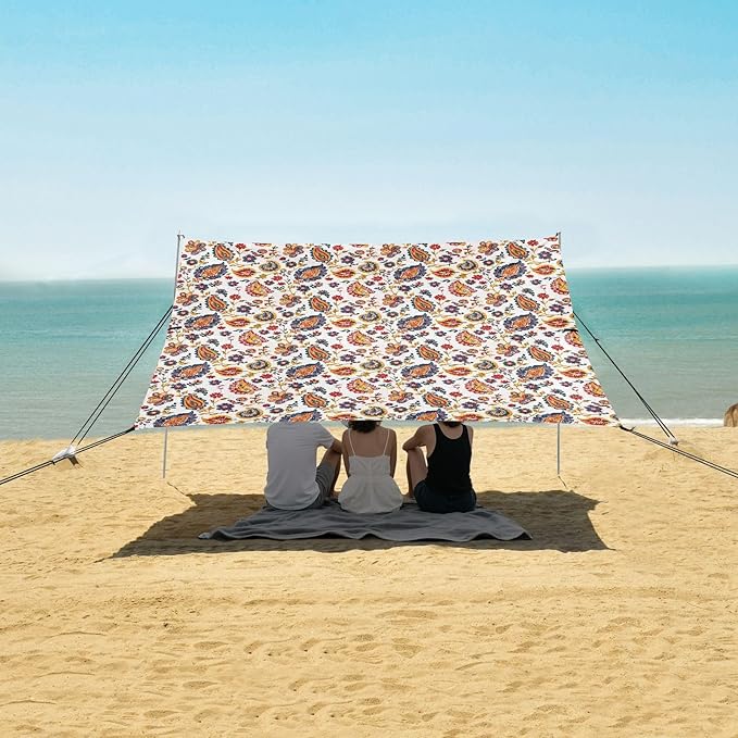 ALAZA Paisley Embroidery Ikat Floral Beach Tent Sun Shelter UPF50+ Protection Beach Shade Canopy w/ 4 Sandbags for Outdoor Camping Fishing Backyard Fun Picnic 10x9 ft