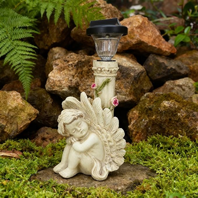 Angel Figurines Outdoor Angel Statues for Garden Solar Statues Outdoor Decorations for Patio Patio Lawn Yard Balcony Garden Mom Gift (White)