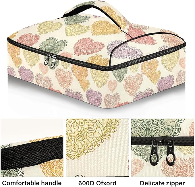 Casserole Carrier Lace Heart PatternInsulated Casserole Carrier for Hot or Cold Food Thermal Lunch Tote for Potluck Parties Picnic Beach Fits 9 x 13 Inches Baking Dish