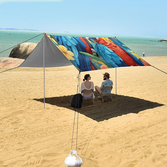 Macaw Pattern Beach Tent Sun Shelter 9.2' x 10.5' Beach Canopy with 4 Sandbags 4 Stability Poles Sand Shovels - Tent Canopy for Beach Camping Fishing Picnics