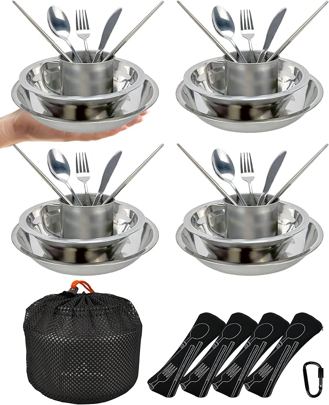 Stainless Steel Camping Mess Kit - Person's Complete Picnic &amp Camp Dish Set Includes Plate Bowl Cup &amp Utensils