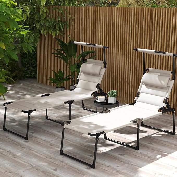 2 Pcs Outdoor Lounge Chair Adjustable Backrest Folding Chaise Lounge Cushioned Tanning Chair w Sunshade Roof Pillow Headrest for Beach Camping Hiking Cream White