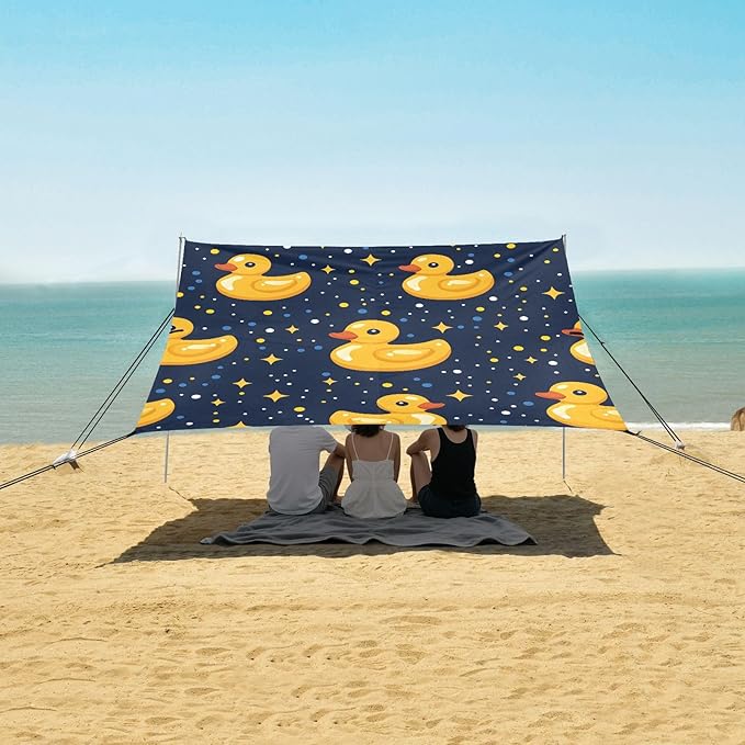 ALAZA Yellow Duck Stars Beach Tent Sun Shelter UPF50+ Protection Beach Shade Canopy w/ 4 Sandbags for Outdoor Camping Fishing Backyard Fun Picnic 10x9 ft