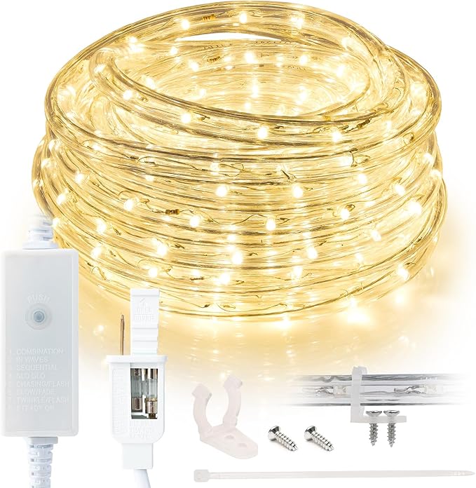 WYZworks 2190LEDs 25ft LED 3/8” Warm White Rope Light w/ 8 Mode Controller Flickering Fading Pulsing Outdoor Waterproof Extendable PVC Tube ETL Certified Holiday Accent Lighting Backyard Patio