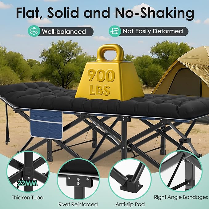 Suteck Camping Cot 32In XXL Folding Camping Cot Heavy Duty Sleeping Bed for Adults 1200D Double Layer Oxford Cots for Camping W/Pilllow Mattress Carry Bag for Home Office Nap Beach Travel 900LBS