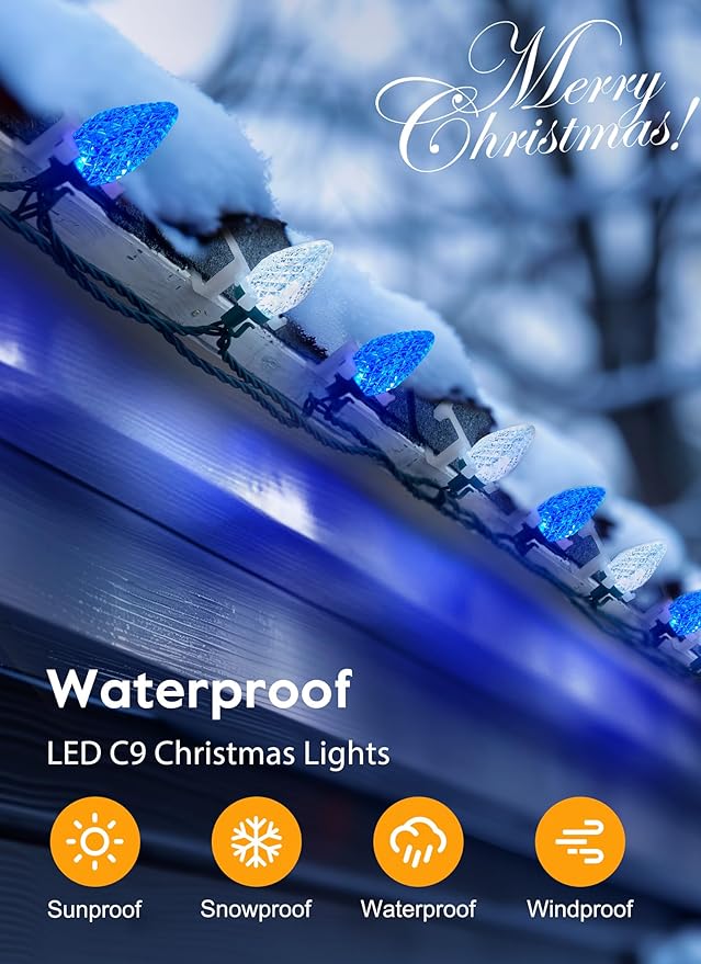 C9 LED Christmas Lights Outdoor 68 Ft 100 LED String with clips Waterproof Christmas Tree Lights for Outside Roofline Garden Decor Blue &amp White
