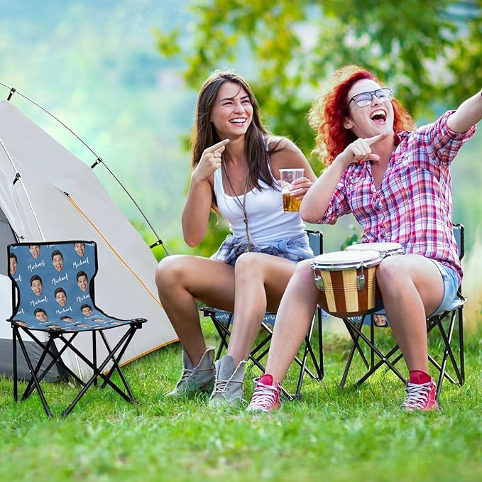 Steel Blue Custom Photo Folding Camping Chair for Teen Child Personalized Name 14.6×14.6in Portable Outdoor Chair with Carry Bag for Travel Barbeques Picnic