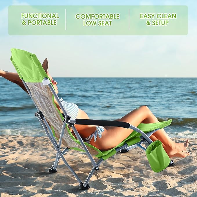 Huwena 2 Pack Beach Chair for Adult with 2 Umbrella Low Folding Chair Detachable Adjustable Lightweight with Armrests Cup Holder Carry Bag Portable for Sand Camping Travel Outdoor Pool(Fruit Green)