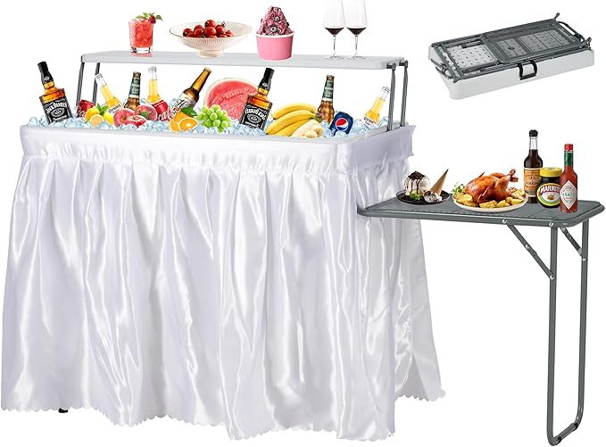 Dragosum Outdoor Ice Cooler Table with Metal Side Desktop Folding Ice Table with Mesh Desktop Portable Bar Drink Cooler Desk‌ with Skirt for Camping Picnic BBQ Party (Grey)