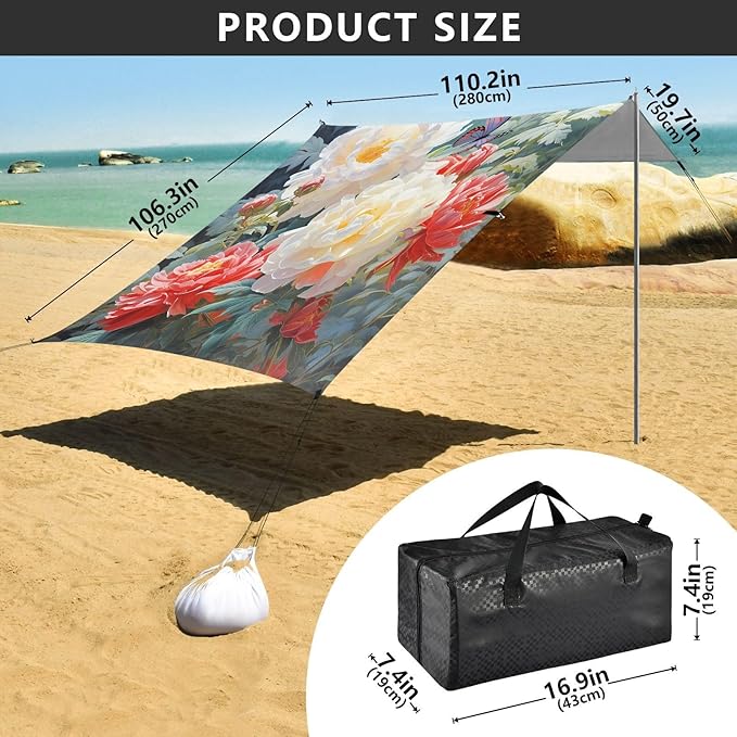 ALAZA Butterfly Rose Flowers Beach Tent Sun Shelter UPF50+ Protection Beach Shade Canopy w/ 4 Sandbags for Outdoor Camping Fishing Backyard Fun Picnic 10x9 ft