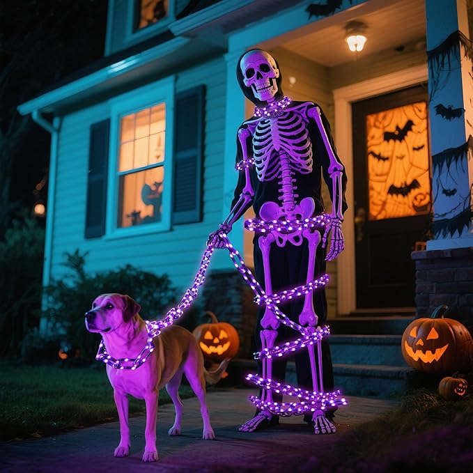 Battery Operated Halloween Lights 10.5FT 175 LED Plastic Chains Lights 8 Modes Waterproof Timer String Light for Skeleton Dog Creepy Costumes Accessories Spooky Outdoor Decorations(Purple)
