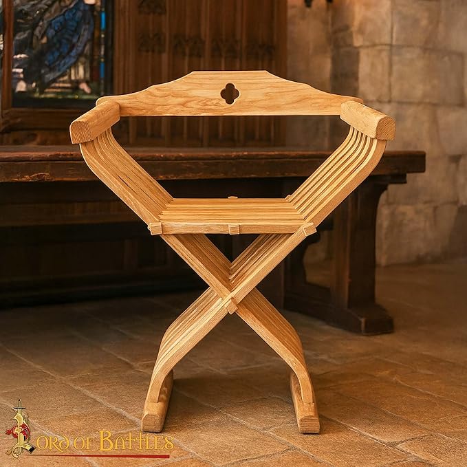 Lord of Battles Medieval Wooden Savonarola Chair with Backrest - Ash Wood Folding Camp Seat Bent Armrests &amp Detachable Back Support