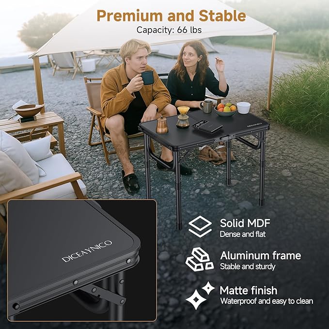 Folding Camping Table 22 x 15 Picnic Table with 3 Adjustable Height Max 27.5 Matte Black Aluminum Folding Table with Handle for Party Dining Garden Patio Market