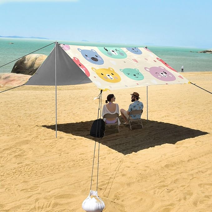Bear Beach Canopy Sun Shelter with Sandbags &amp Sand Shovel &amp Windproof Ropes - Portable 110x126 Beach Shade Beach Tent for Camping Picnics