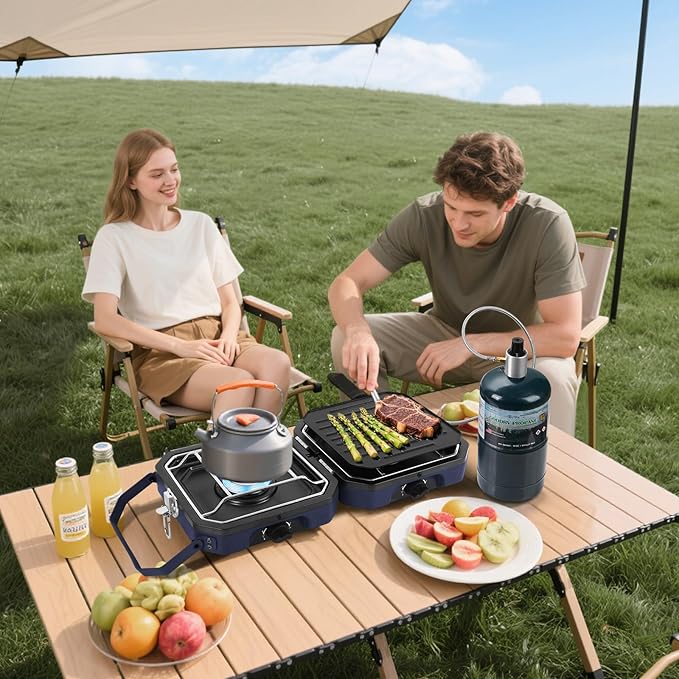 2 Burner Propane Camping Stove With GrillPortable Foldable Camp Stove With 17000BTU Two Piezo Ignition Adjustable Windproof Burners forCamping Grilling Tailgating &amp More (Blue)
