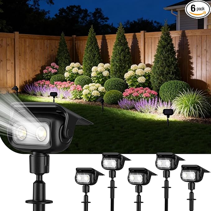 ROSHWEY Solar Spot Lights Outdoor Waterproof Spotlights with 2 Brightness Mode Landscape Lighting Solar Lights for Garden Yard Pathway (Cool White 6 Pack)