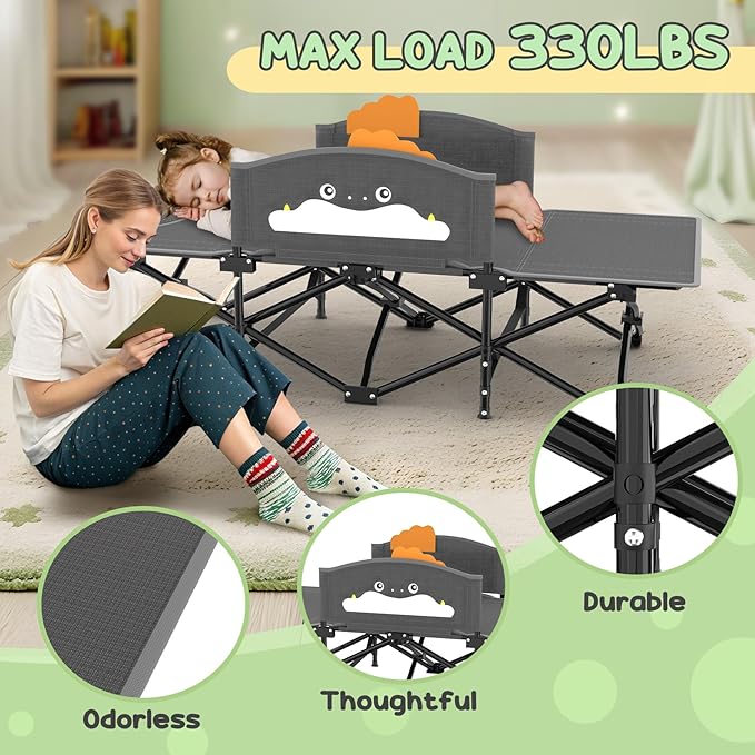 Slendor Toddle Cot Toddler Portable Bed w/Cartoon Handrail Blanket (5ft x 4ft) Folding Toddler Cots for Camping Travel Bed Extra Long Cot Length 56 Support 330 Lbs Gray