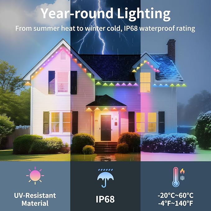 Permanent Outdoor Lights IP68 Waterproof Smart RGB+IC LED Christmas Light with 75 Scene Modes Holiday Lights for Christmas Halloween Work with Wi-Fi Alexa &amp Google Assistant (150ft)