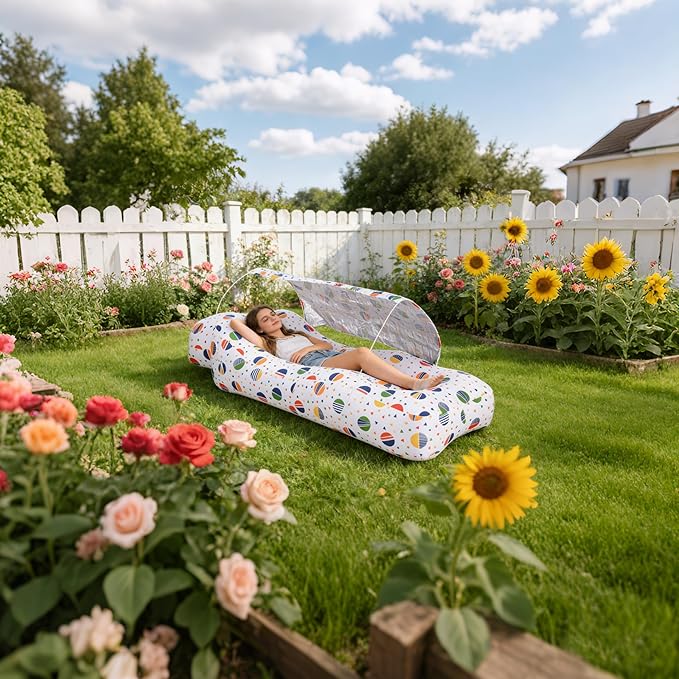 Inflatable CouchAir Sofa with Sun-Shade DesignBuilt-in StorageRipstop Polyester&ampStability PegsPortable Air Lounger for BeachCampingEasy to Carry2 Inflation Ways(Included Pump)Pebble Gray