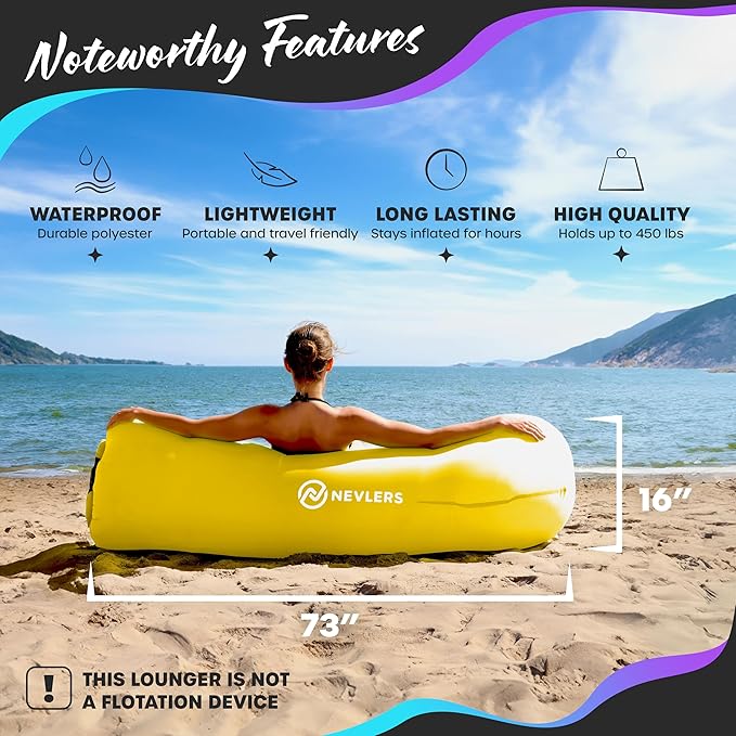 Nevlers Yellow Inflatable Lounger | 210T Polyester Air Couch | No-Pump Blow Up Chair | Inflatable Chair w/ 450lbs. Cap. Pockets &amp Matching Bag | for Use as Outdoor Inflatable Couch for Adults &am