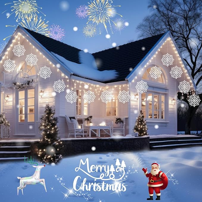 Brightown 2 Pack Christmas Snowflake Icicle Lights Outdoor - Plug-in 23.6ft 10 Drops 480LED Snowflake Window Lights for Indoor Outdoor Porch Eaves Rooftops Christmas Decoration