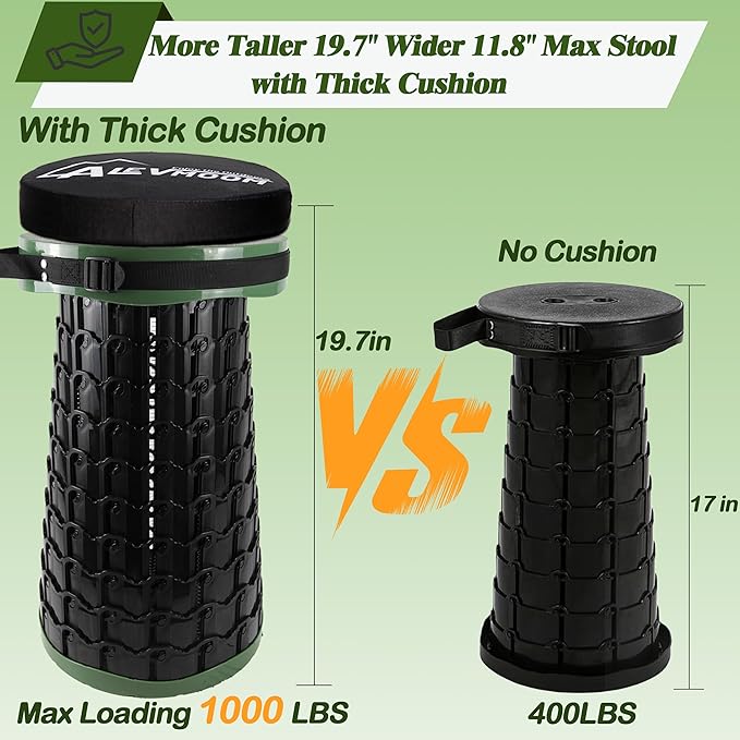 ALEVMOOM Upgraded XXL Collapsilbe Stool with CushionMore Sturdy and Height 19.7“D11.8”Portable and Lightweight Adjustable Telescoping Stool for Camping Hiking BBQ Max Loading 1000Ibs