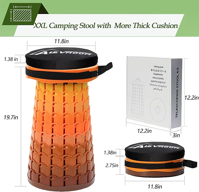 ALEVMOOM Upgraded XXL Collapsilbe Stool with CushionMore Sturdy and Height 19.7D11.8Portable and Lightweight Adjustable Chair Telescoping Stool for Camping Hiking BBQ Max Loading 1000Ibs