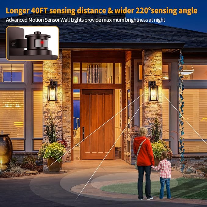TOBUSA 2-Pack Motion Sensor Outdoor Wall Lights Waterproof Dusk to Dawn Exterior Wall Light Fixtures Modern Brown Outside Porch Lights for House Garage Motion Sensor Wall Lanterns with Clear Glass