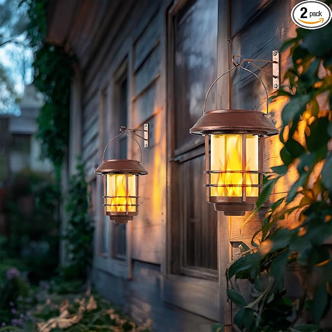 Otdair Solar Lanterns Outdoor Waterproof 2 Pack Flickering Flames Wall Garden Decor with Glass Shade Hanging Solar Lights Wall Mount Decorations for Halloween Front Porch Patio Yard Bronze