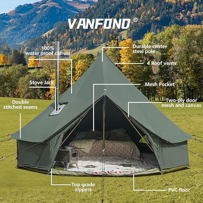 Canvas Bell Tent Yurt with Stove Jack Waterproof and Breathable Glamping Wall Tent Detachable Groundsheet for Camping Party