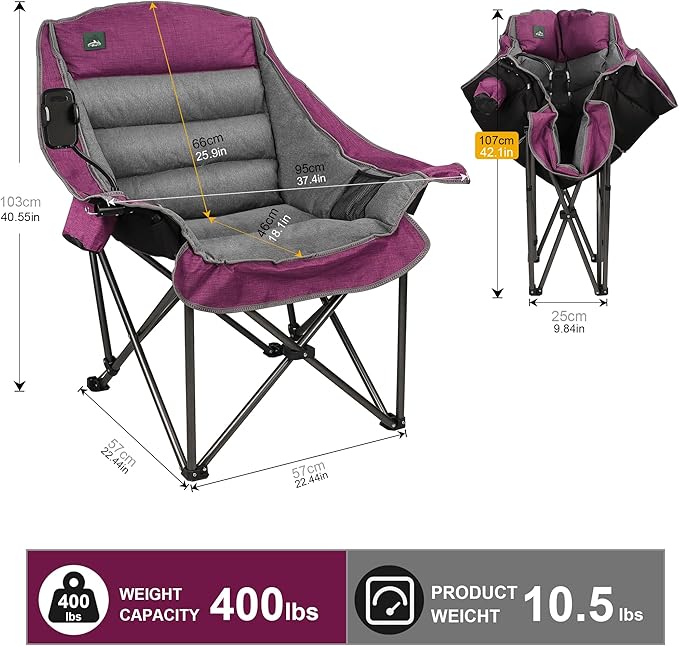 Northroad Oversized XL Padded Camping Chair w/Cell Phone Holder Large Camp Lounge Chair Foldable Lawn Chair w/Cup HolderCarry Bag for Outdoor Hiking Beach Picnics Heavy-Duty 400-lbs Capacity