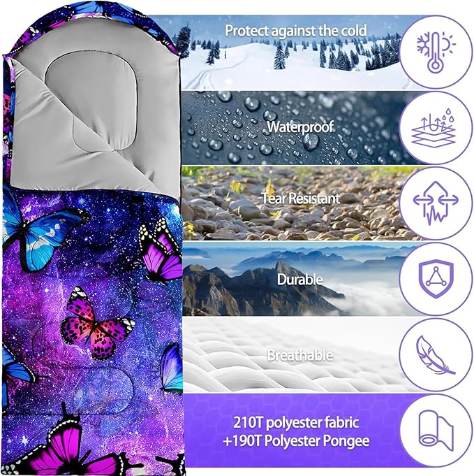 Sleeping Bags for Adults Youth Kids3D Printing Camping Sleeping Bag for Girls Boys Lightweight Waterproof Cold/Warm Weather Sleeping Bag for 3 Seasons