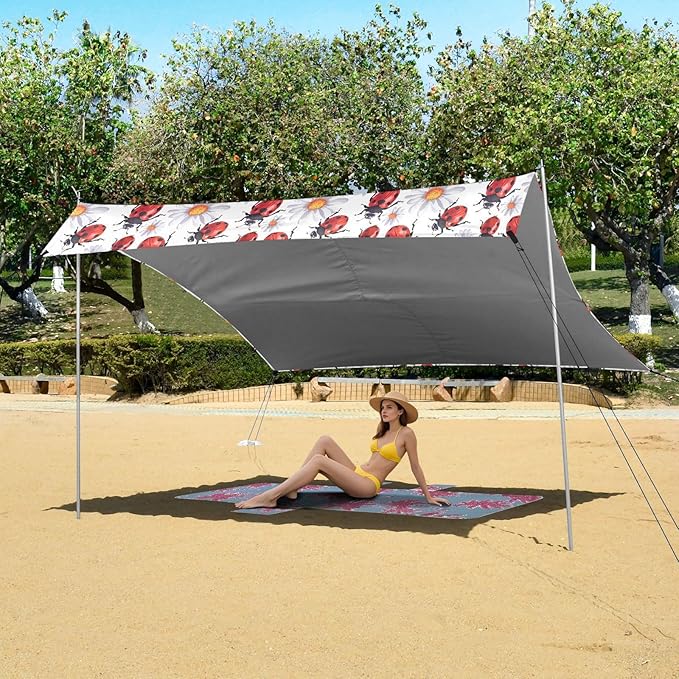 ALAZA Lady Bug Daisy Flower Beach Tent Sun Shelter UPF50+ Protection Beach Shade Canopy w/ 4 Sandbags for Outdoor Camping Fishing Backyard Fun Picnic 10x9 ft