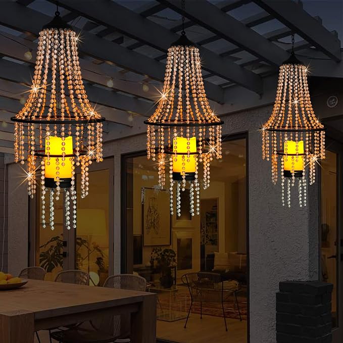 Hanging Candle Chandelier Outdoor Battery Operated Clear Acrylic Beaded Chandelier with Flickering Led Candle Light S Hooks Modern Lantern for Garden Yard Patio Gazebo Room Indoor Decorations 28”H
