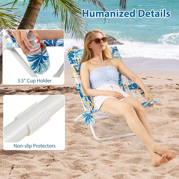 Giantex 2-Pack Folding Beach Chair Low Lawn Chairs with Padded Head Pillow Mesh Back Cup Holder and Armrests Portable Outdoor Lounge Chair for Camping Sunbathing Picnic Fishing