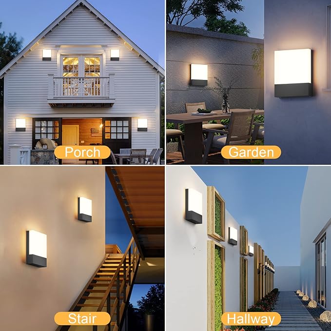 Modern Outdoor Led Wall Light 24W 3000K Wall Porch &amp Patio LightExterior Hardwired Wall Light FixturesIP65 Waterproof Square Wall Lamp for Garage Front DoorHouse Yard(Black2-Pack)