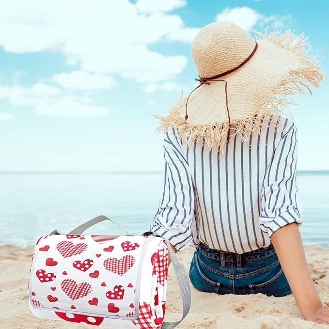 MNSRUU Picnic Blanket Waterproof Foldable Dotted Heart Large Outdoor Picnic Beach Camping Blanket Travel Mat Shoulder Strap Tote Rectangle 57x59in