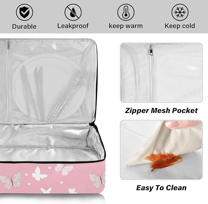 Casserole Carrier Beautiful Pink Pattern ButterfliesInsulated Casserole Carrier for Hot or Cold Food Thermal Lunch Tote for Potluck Parties Picnic Beach Fits 9 x 13 Inches Baking Dish