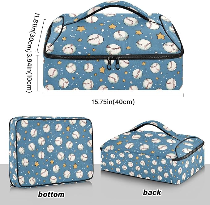 Casserole Carrier Baseballs and StarInsulated Casserole Carrier for Hot or Cold Food Thermal Lunch Tote for Potluck Parties Picnic Beach Fits 9 x 13 Inches Baking Dish