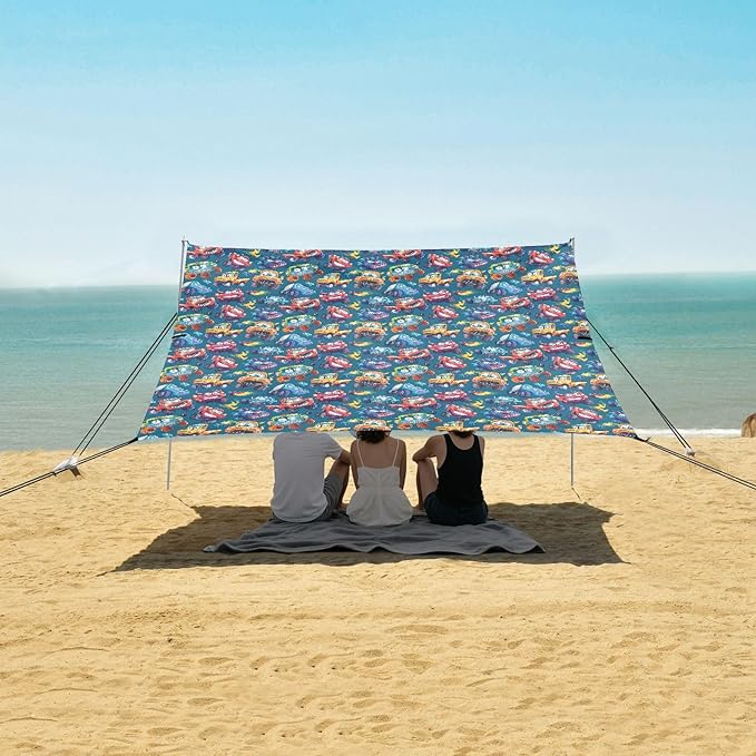 ALAZA Angry Monster Truck Cartoon Beach Tent Sun Shelter UPF50+ Protection Beach Shade Canopy w/ 4 Sandbags for Outdoor Camping Fishing Backyard Fun Picnic 10x9 ft