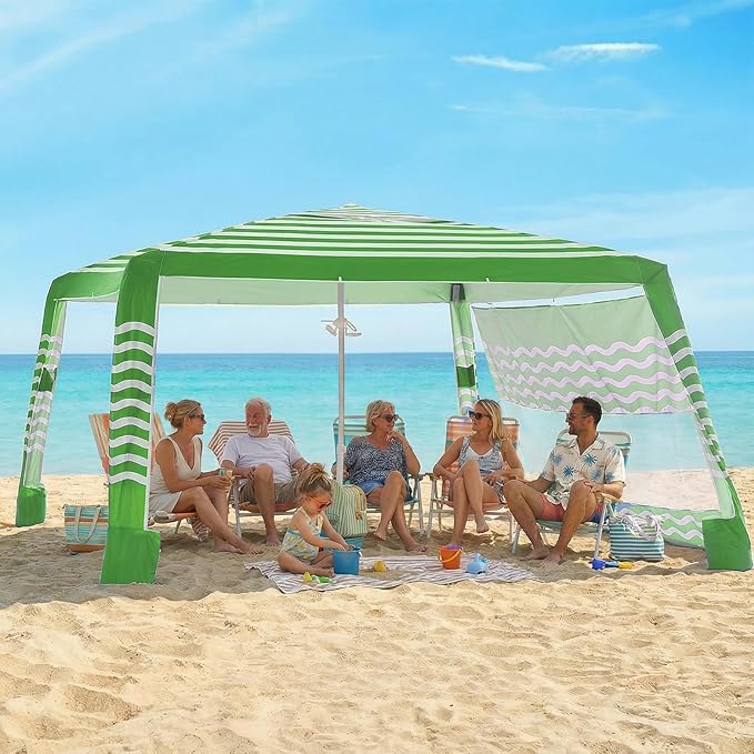 Zeraty Beach Cabana 8'×8' Portable Beach Canopy with Side Wall Easy Pop Up UPF 50+ Silver-Coated Beach Tent Sun Shelter Wind Resistant Adjustable Height Beach Umbrella Tent for Family Green