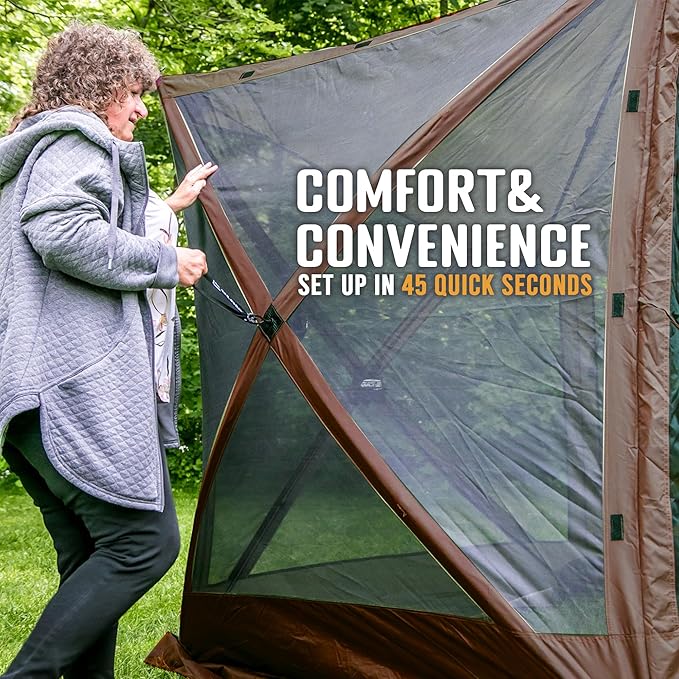 CLAM Pop Up Screen Tent Outdoor Camping Gazebo Canopy Adventure with Wind Panels 9' x 9' Brown