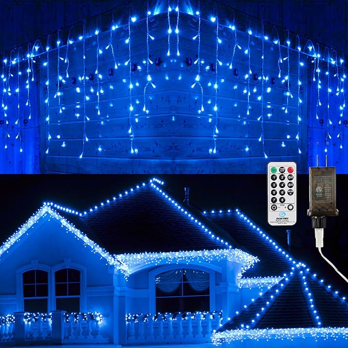 Brizled Blue Icicle Lights 29ft 360 LED Christmas Icicle Lights with Remote 8 Modes Christmas Roof Light with 60 Drops Connectable Xmas Eave Light Outdoor Drop Lighting for Xmas Wedding Holiday