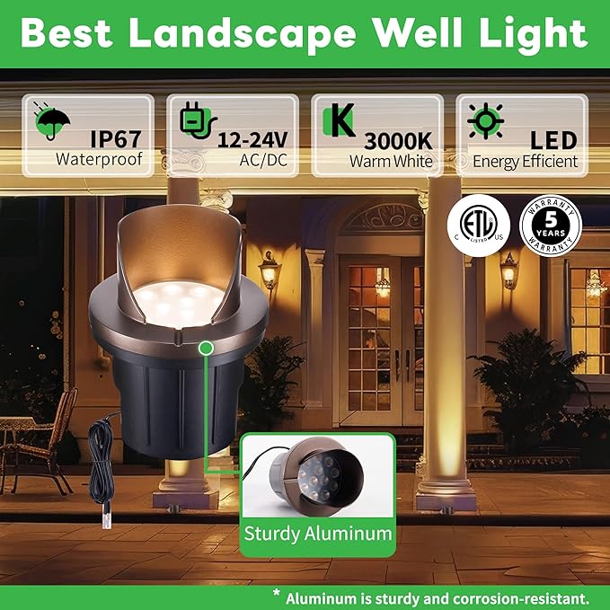 Low Voltage Landscape Well Lights Outdoor LED In-Ground Lights Warm White 3000K 12V IP67 Waterproof Hood Top Aluminum ORB Uplighting for Trees 420LM 12 Pack