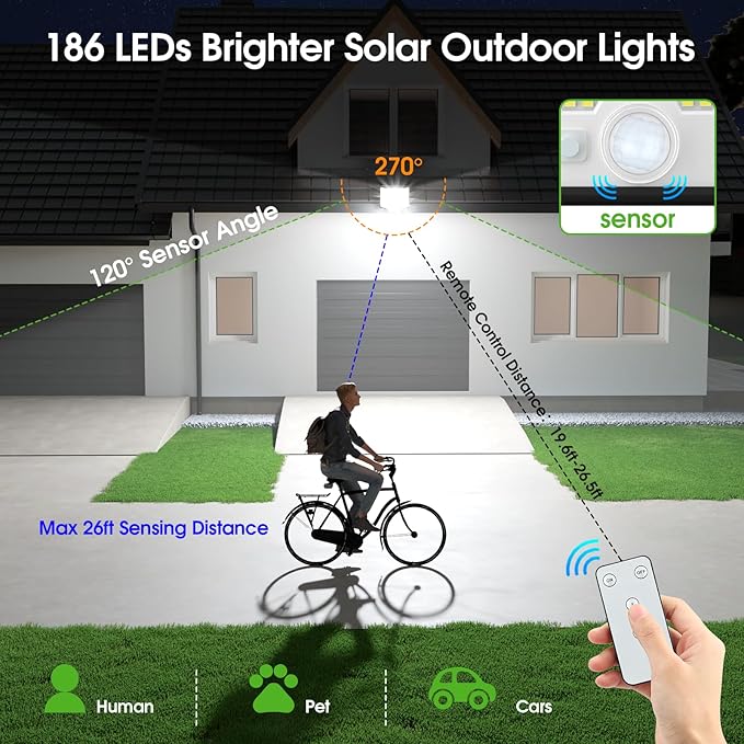 Solar Lights Outdoor Waterproof 186 Bright LEDs Dusk to Dawn Motion Security Flood Lights with Remote for Outside GarageYardPatio 4 Pack