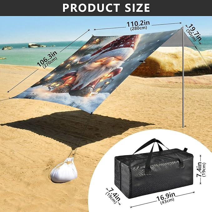 ALAZA Christmas Gnome Beach Tent Sun Shelter UPF50+ Protection Beach Shade Canopy w/ 4 Sandbags for Outdoor Camping Fishing Backyard Fun Picnic 10x9 ft