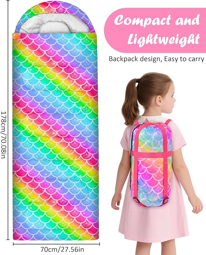 Sleeping Bags for Kids 3 Season Waterproof Sleeping Bag with Carry Bag for Camping Hiking Rainbow Unicorn